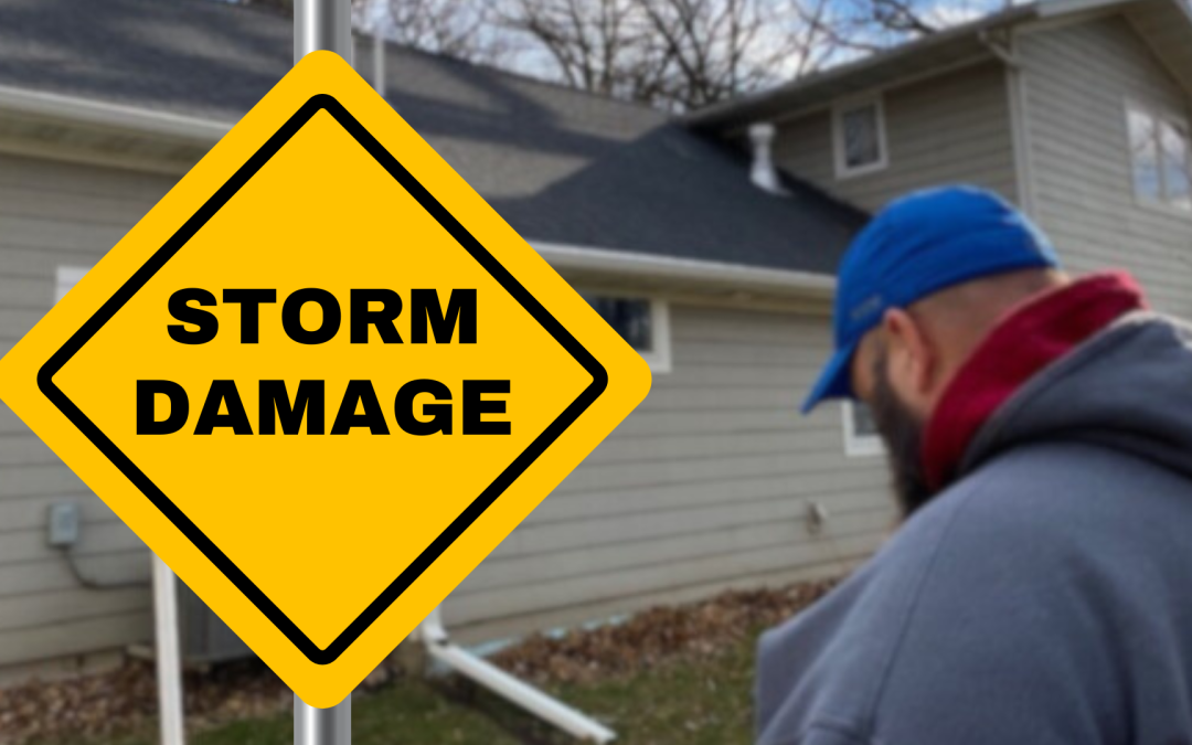 PE&C Storm Damage Inspection and a yellow sign that reads "STORM DAMAGE"