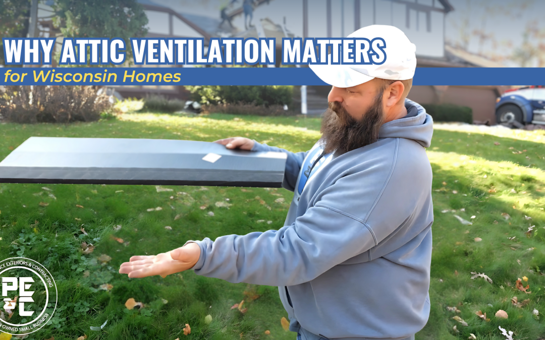 Adam of PE&C showcasing roofing project with an air intake ventilation system being installed.